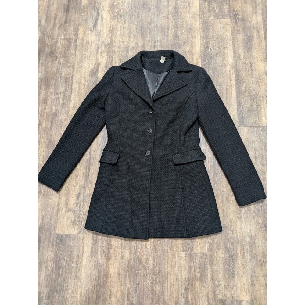 Black Wool Blend Textured Basketweave Pea Coat Jacket Size M Notched Lapel